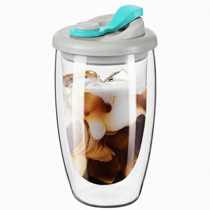 Double Wall Glass Coffee Mug with Sealed Lid - Aqua