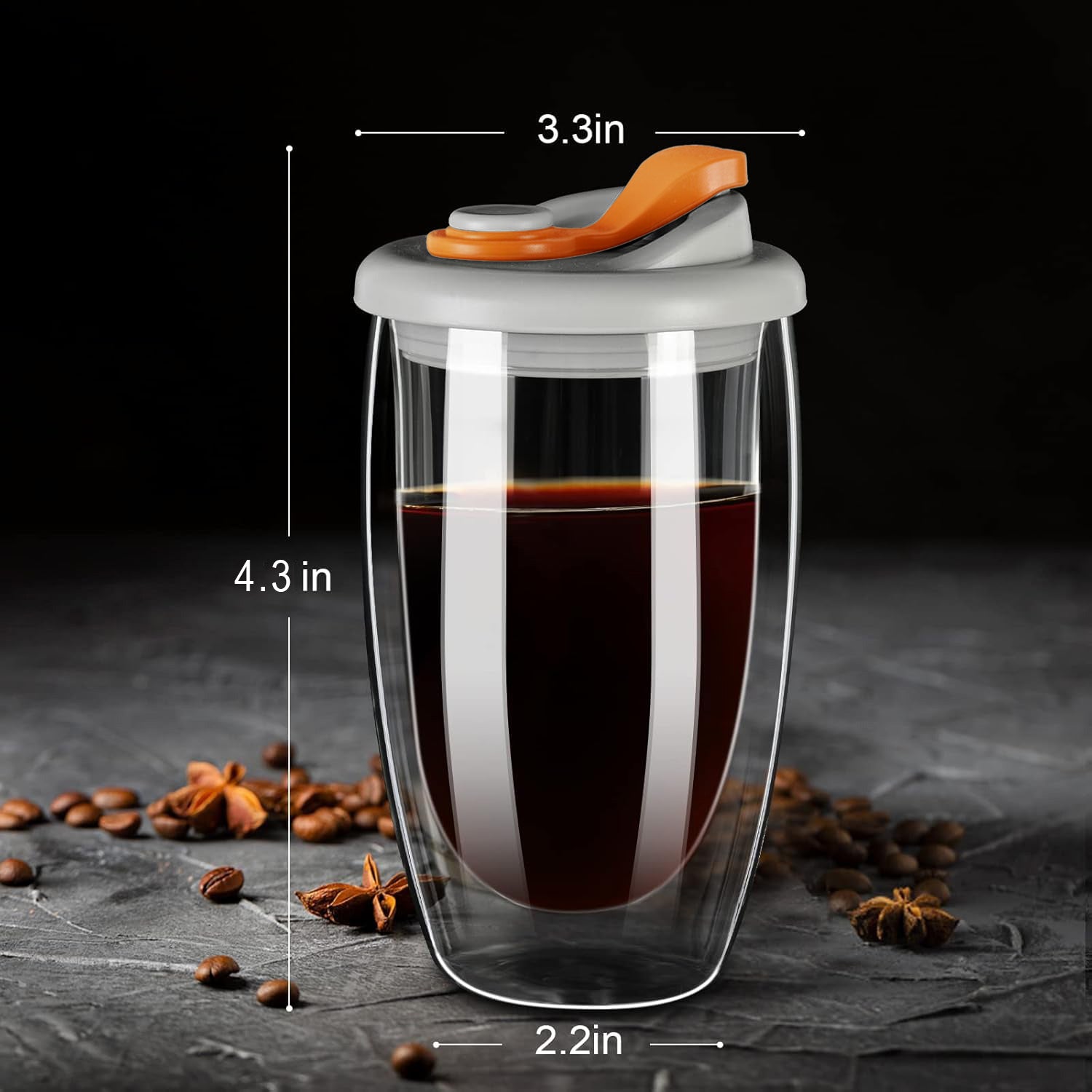 Double Wall Glass Coffee Mug with Sealed Lid - Orange