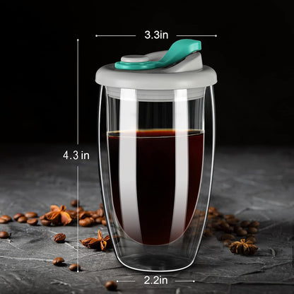 Double Wall Glass Coffee Mug with Sealed Lid - Aqua