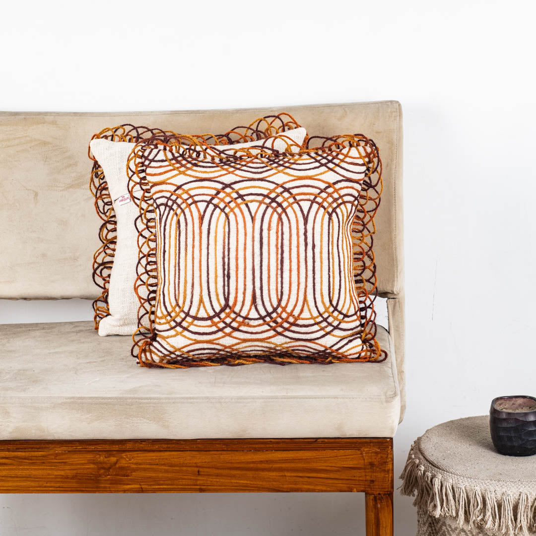 Geometric Jute Cotton Cushion Cover 16x16" - Cream Brown