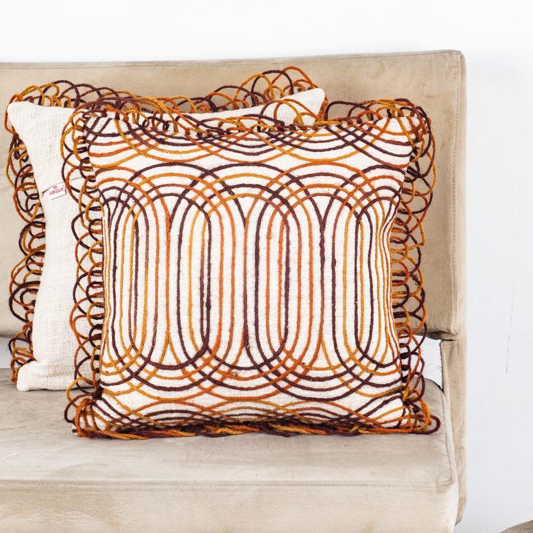 Geometric Jute Cotton Cushion Cover 16x16" - Cream Brown