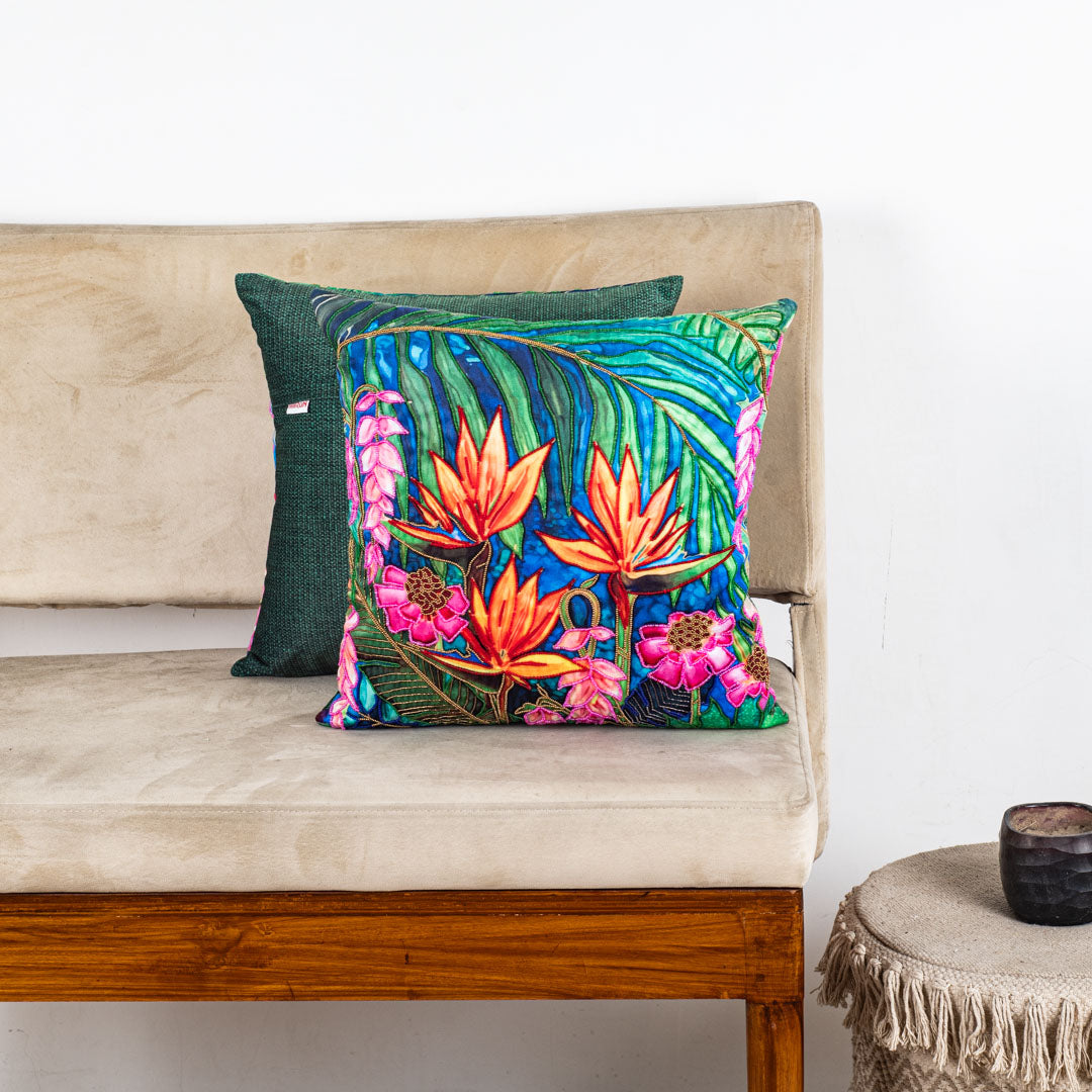 Tropical Floral Velvet Cushion Cover 16x16" - Blue Green