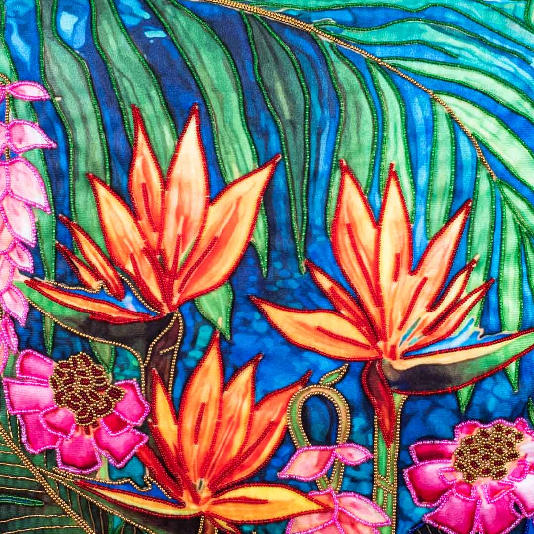 Hath Ki Kala Tropical Floral Velvet Cushion Cover 16x16" - Blue Green