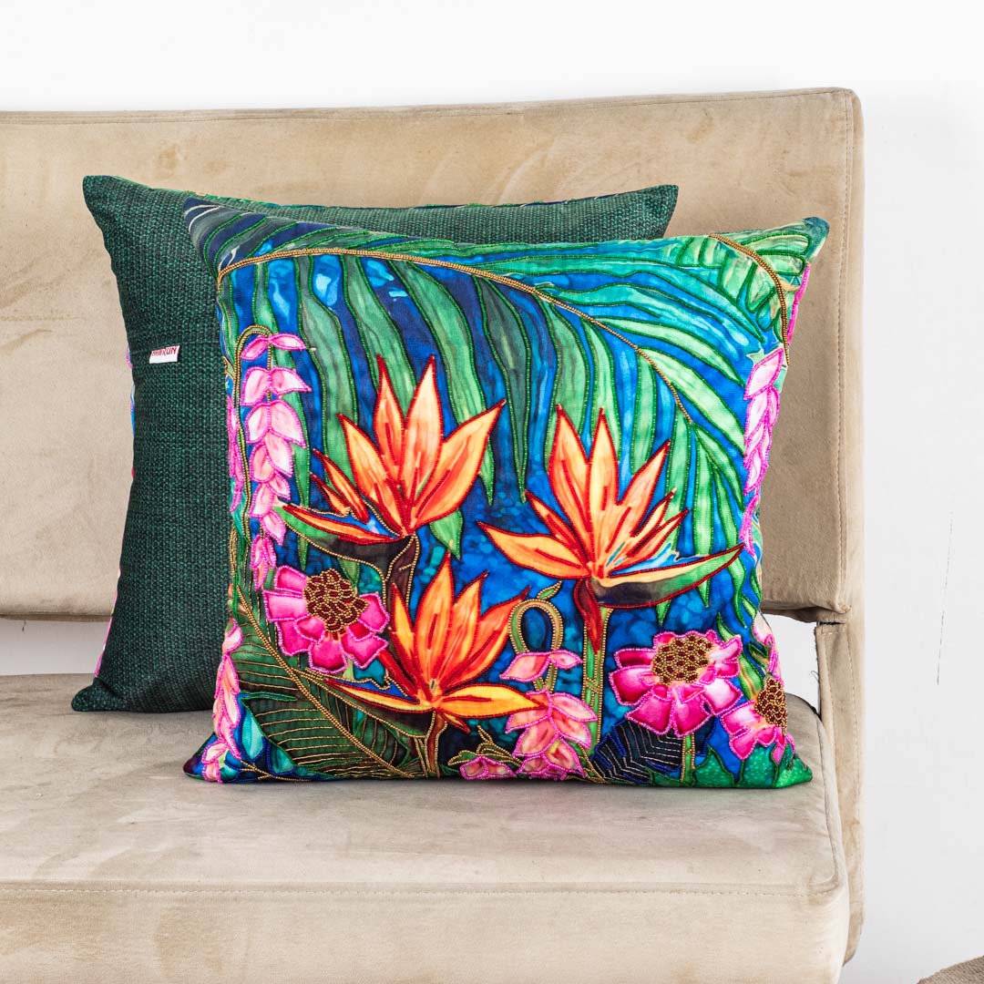 Tropical Floral Velvet Cushion Cover 16x16" - Blue Green