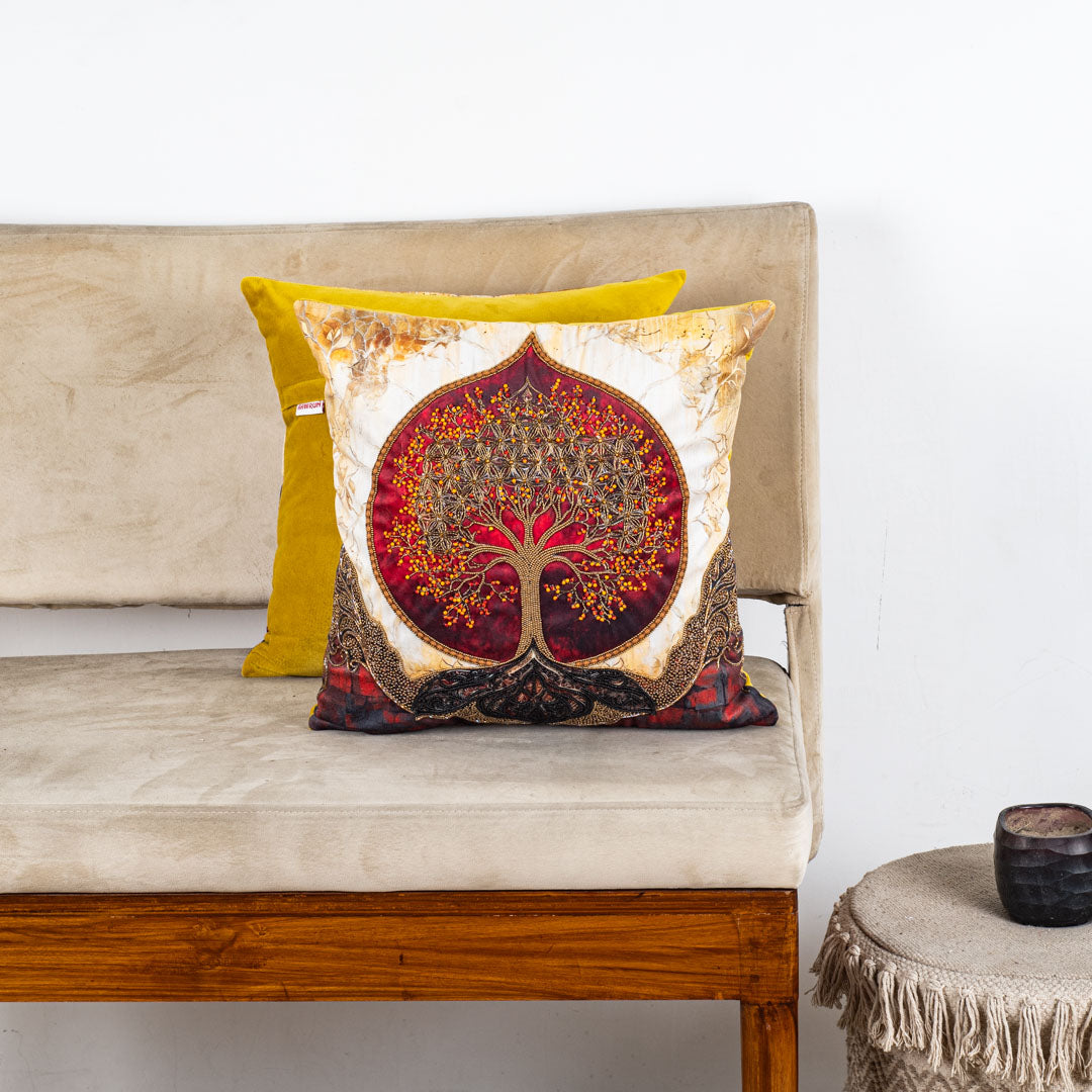 Hath Ki Kala Tree of Life Velvet Cushion Cover 16x16" - Yellow Maroon
