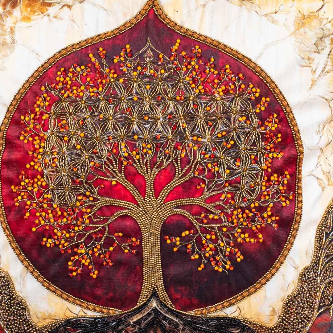 Hath Ki Kala Tree of Life Velvet Cushion Cover 16x16" - Yellow Maroon