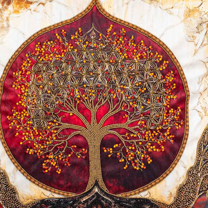 Hath Ki Kala Tree of Life Velvet Cushion Cover 16x16" - Yellow Maroon