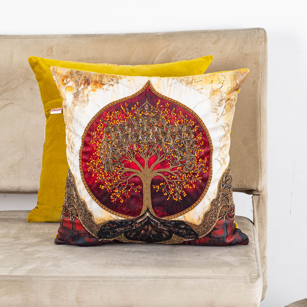 Tree of Life Velvet Cushion Cover 16x16" - Yellow Maroon