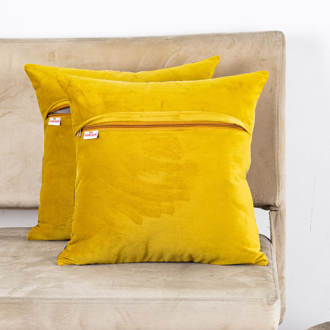 Hath Ki Kala Tree of Life Velvet Cushion Cover 16x16" - Yellow Maroon