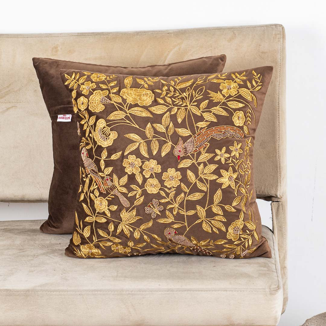 Floral Bird Velvet Cushion Cover 16x16" - Brown