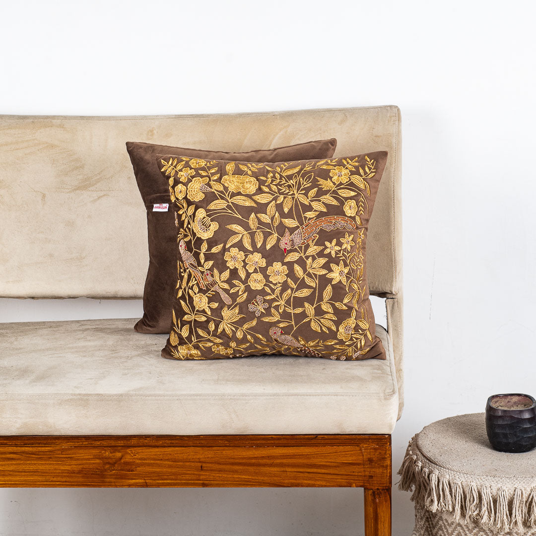 Floral Bird Velvet Cushion Cover 16x16" - Brown
