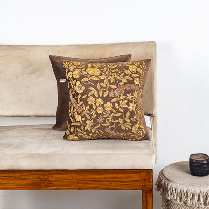 The Heritage Collection Floral Bird Velvet Cushion Cover 16x16" - Brown