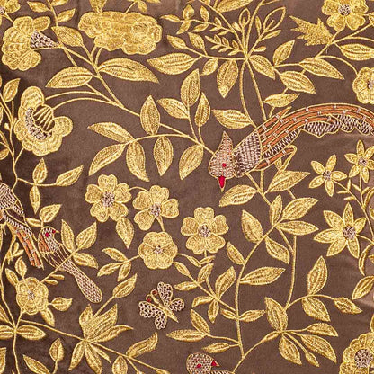 The Heritage Collection Floral Bird Velvet Cushion Cover 16x16" - Brown
