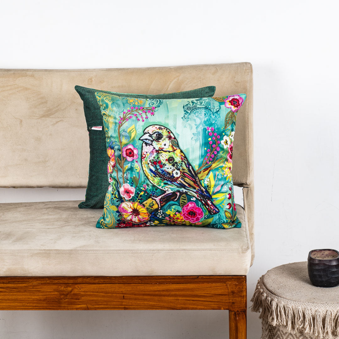 Bird Embroidered Velvet Cushion Cover 16x16" - Mint