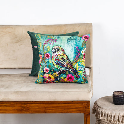 Hath Ki Kala Bird Embroidered Velvet Cushion Cover 16x16" - Mint