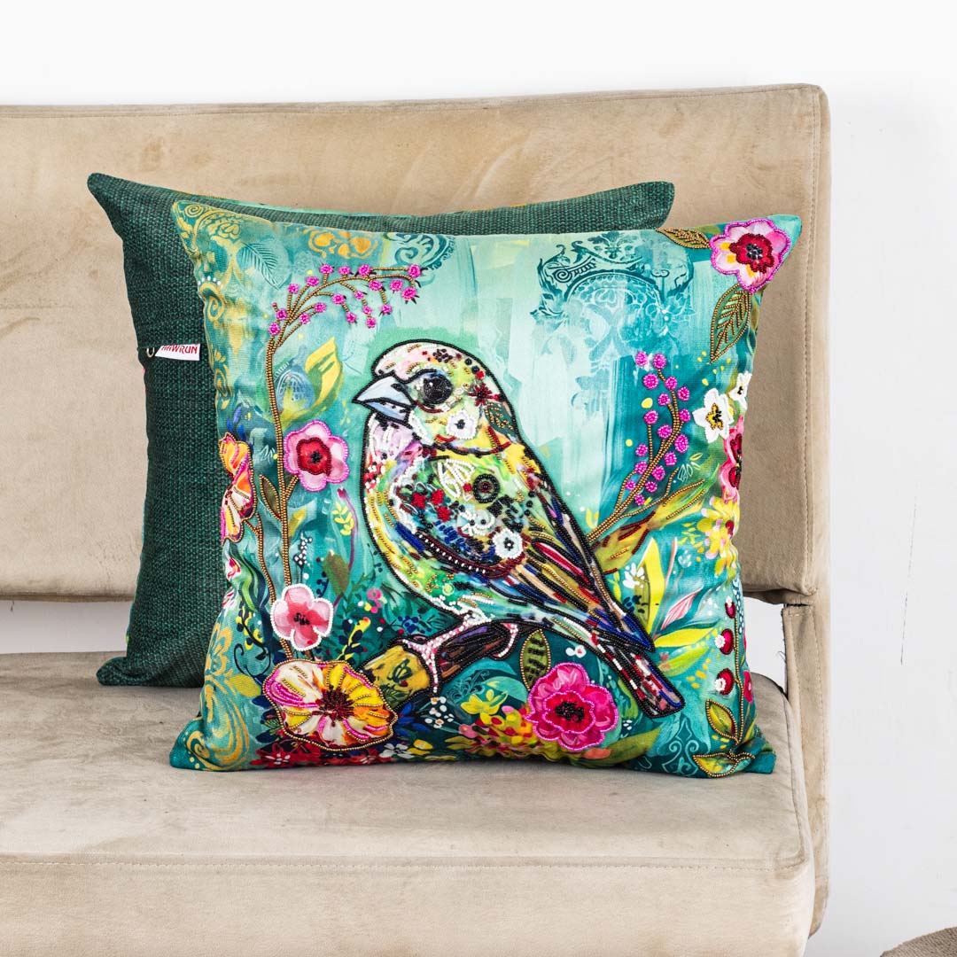 Bird Embroidered Velvet Cushion Cover 16x16" - Mint