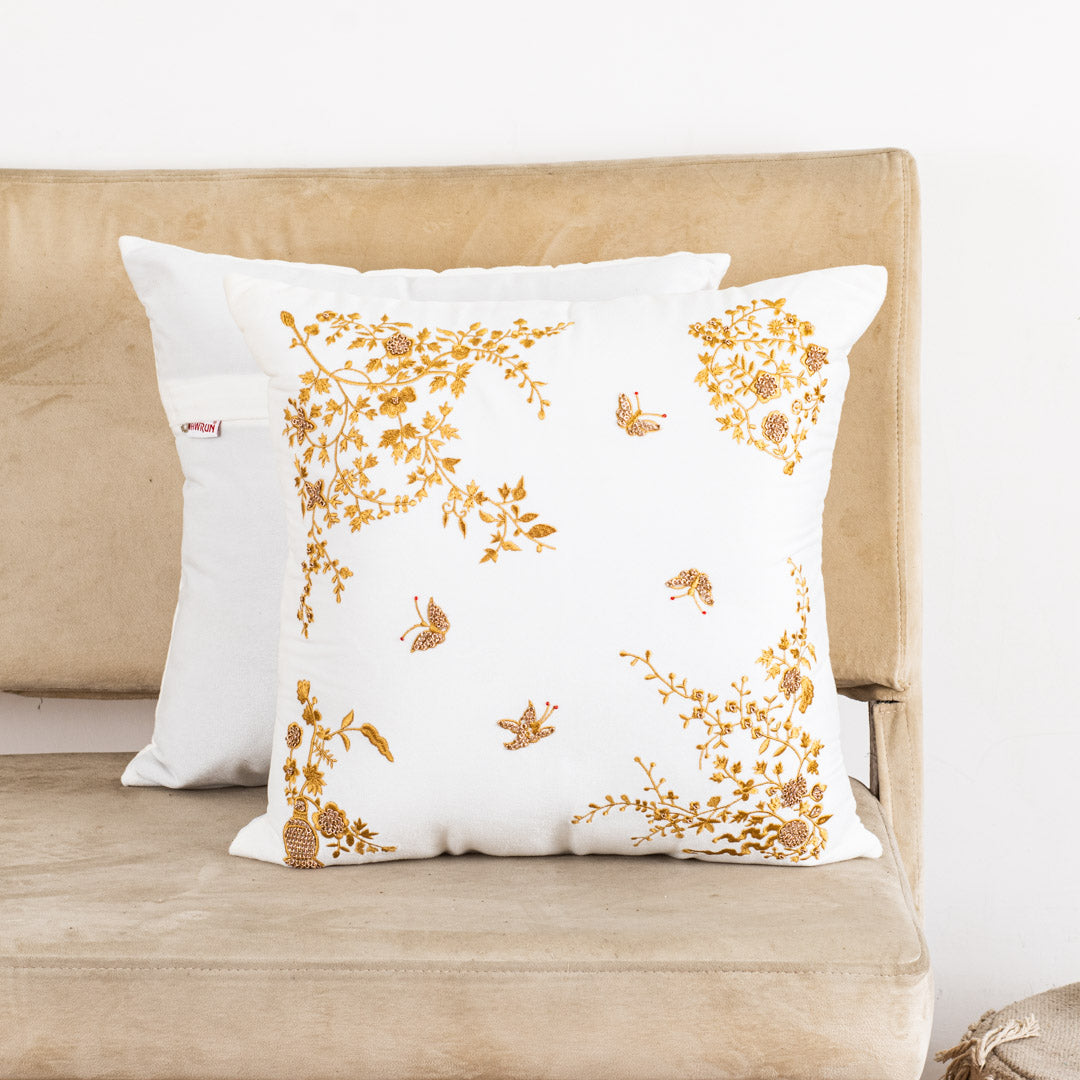 Floral Butterfly Velvet Cushion Cover 16x16" - White
