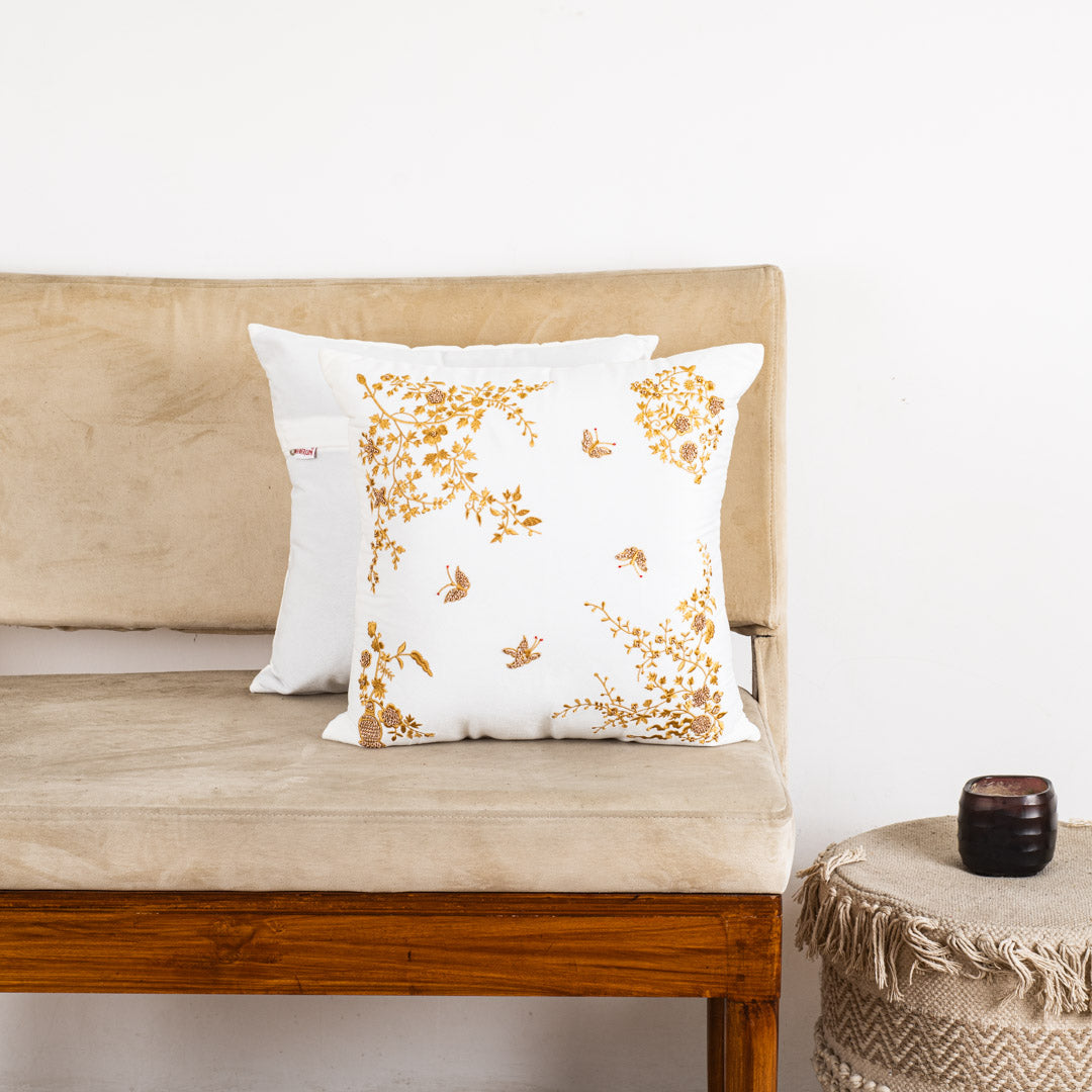 Floral Butterfly Velvet Cushion Cover 16x16" - White