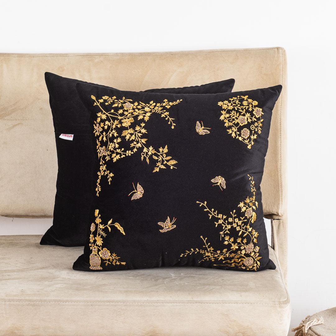 Floral Butterfly Velvet Cushion Cover 16x16" - Black