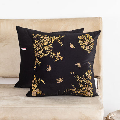 Floral Butterfly Velvet Cushion Cover 16x16" - White