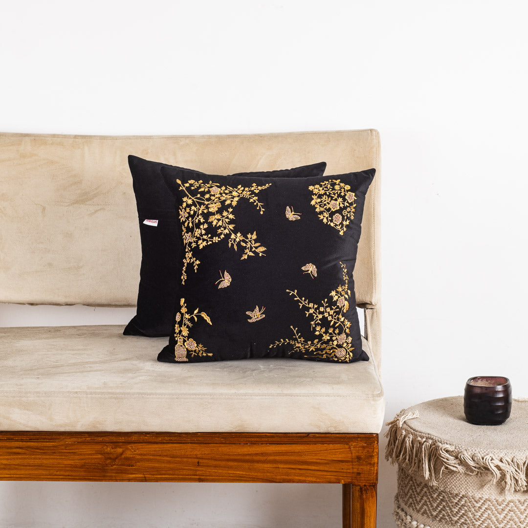 Floral Butterfly Velvet Cushion Cover 16x16" - Black