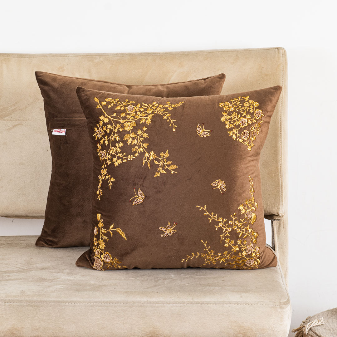 Floral Butterfly Velvet Cushion Cover 16x16" - White
