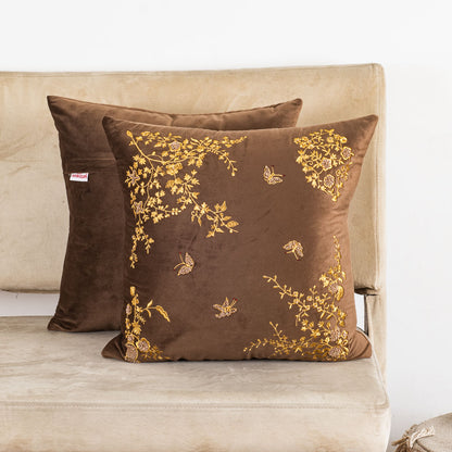 Floral Butterfly Velvet Cushion Cover 16x16" - White