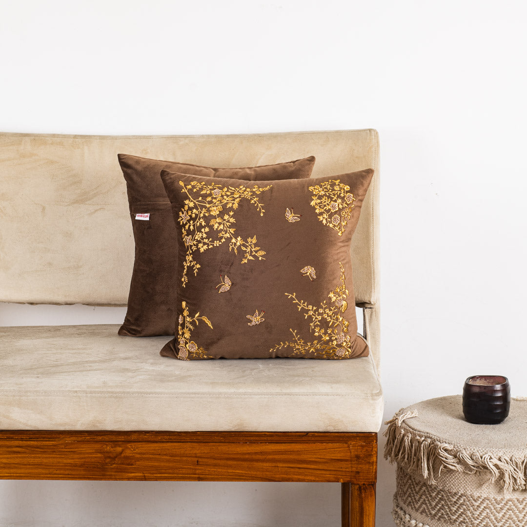 Floral Butterfly Velvet Cushion Cover 16x16" - Brown
