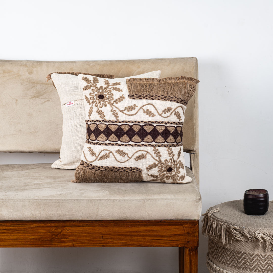 Boho Embroidered Slub Cotton Cushion Cover 16x16" - Beige Brown