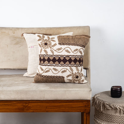 The Heritage Collection Boho Embroidered Slub Cotton Cushion Cover 16x16" - Beige Brown