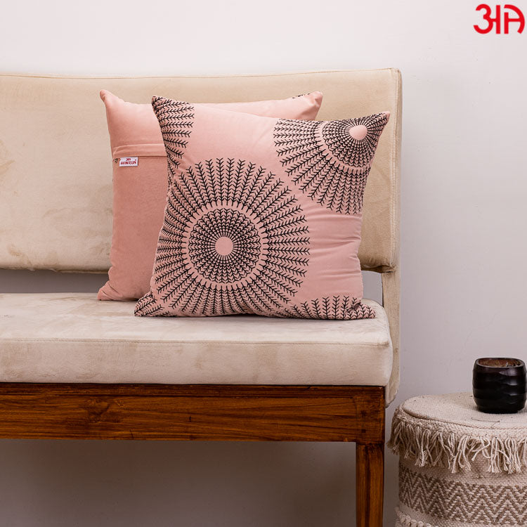 Decorative Printed Cushion Cover – 16 x 16 Inch-Pink &amp; Black Polyester Velvet Fabric