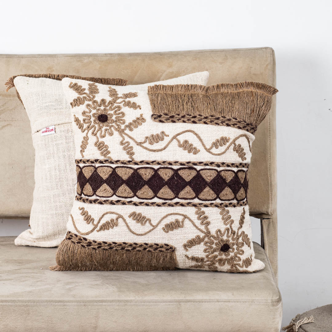 Boho Embroidered Slub Cotton Cushion Cover 16x16" - Beige Brown