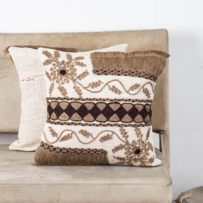The Heritage Collection Boho Embroidered Slub Cotton Cushion Cover 16x16" - Beige Brown