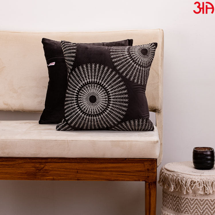 Decorative Printed Cushion Cover – 16 x 16 Inch-Charcoal &amp; White Polyester Velvet Fabric