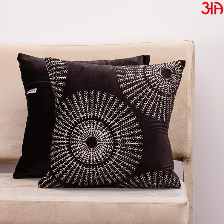 Decorative Printed Cushion Cover – 16 x 16 Inch-Charcoal &amp; White Polyester Velvet Fabric
