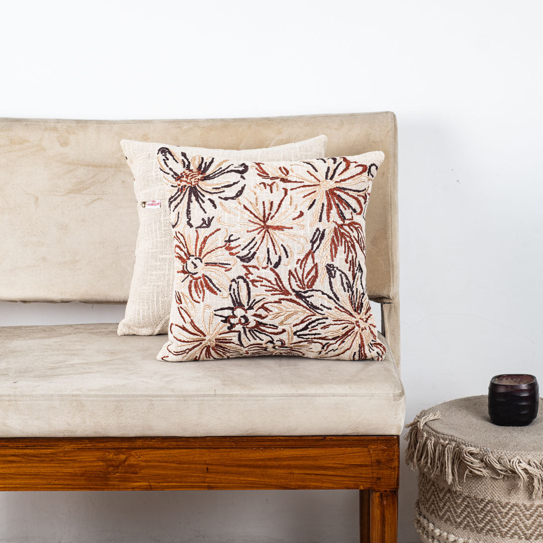 Floral Embroidered Slub Cotton Cushion Cover 16x16" - Light Dark Brown