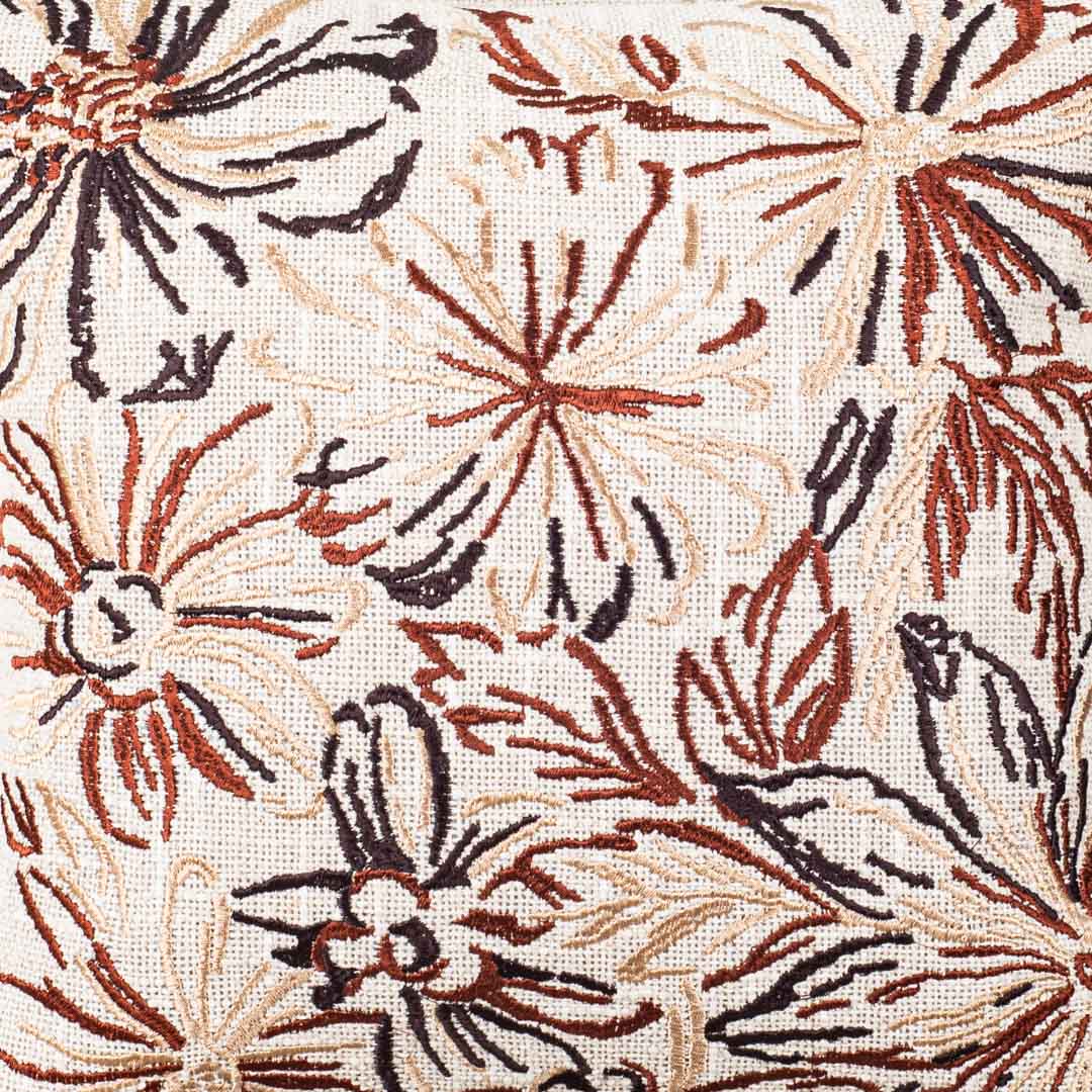 Floral Embroidered Slub Cotton Cushion Cover 16x16" - Light Dark Brown