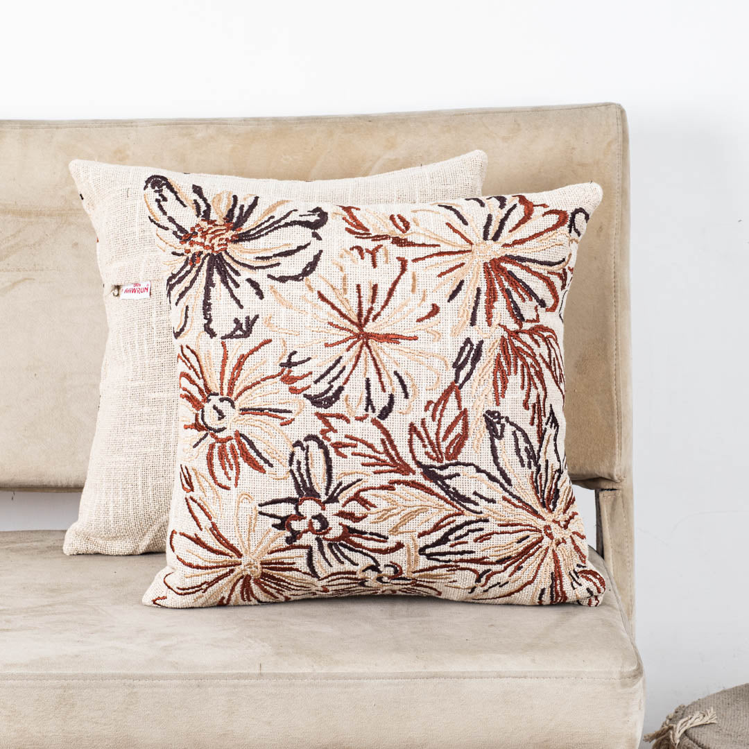 Floral Embroidered Slub Cotton Cushion Cover 16x16" - Light Dark Brown