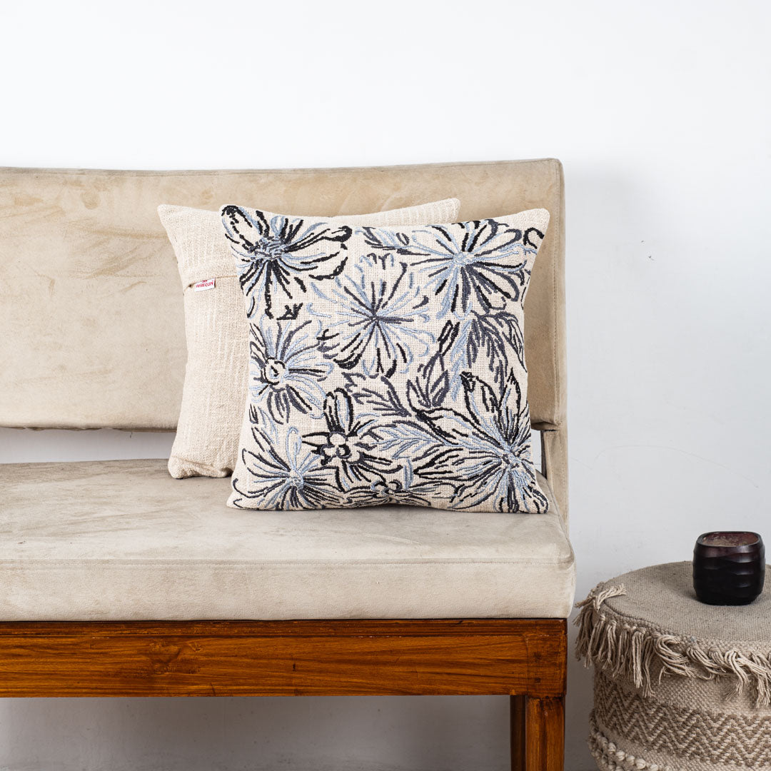 Floral Embroidered Slub Cotton Cushion Cover 16x16" - Grey Black
