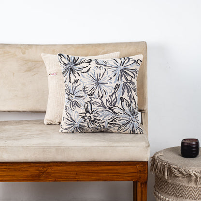 The Heritage Collection Floral Embroidered Slub Cotton Cushion Cover 16x16" - Grey Black