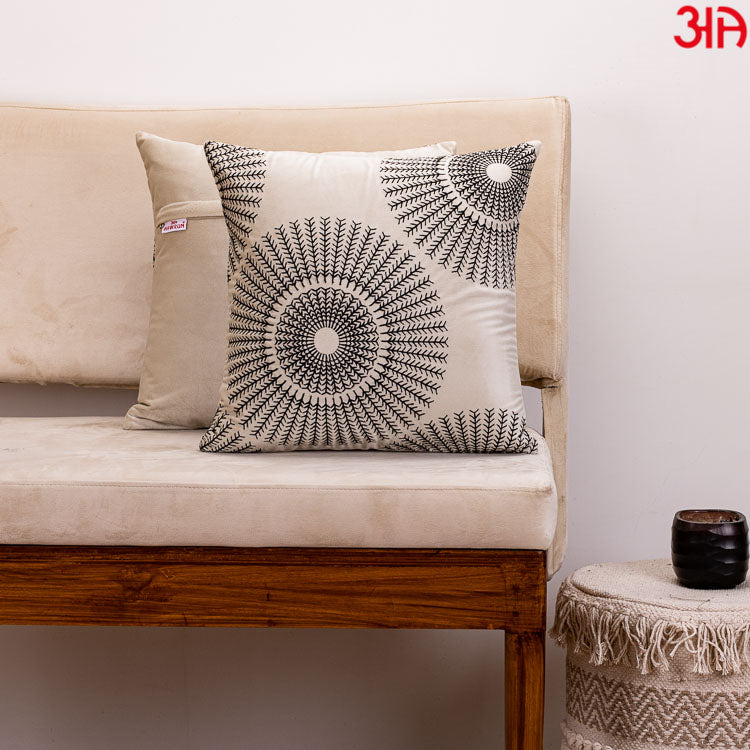 Decorative Printed Cushion Cover – 16 x 16 Inch-Beige &amp; Black Polyester Velvet Fabric