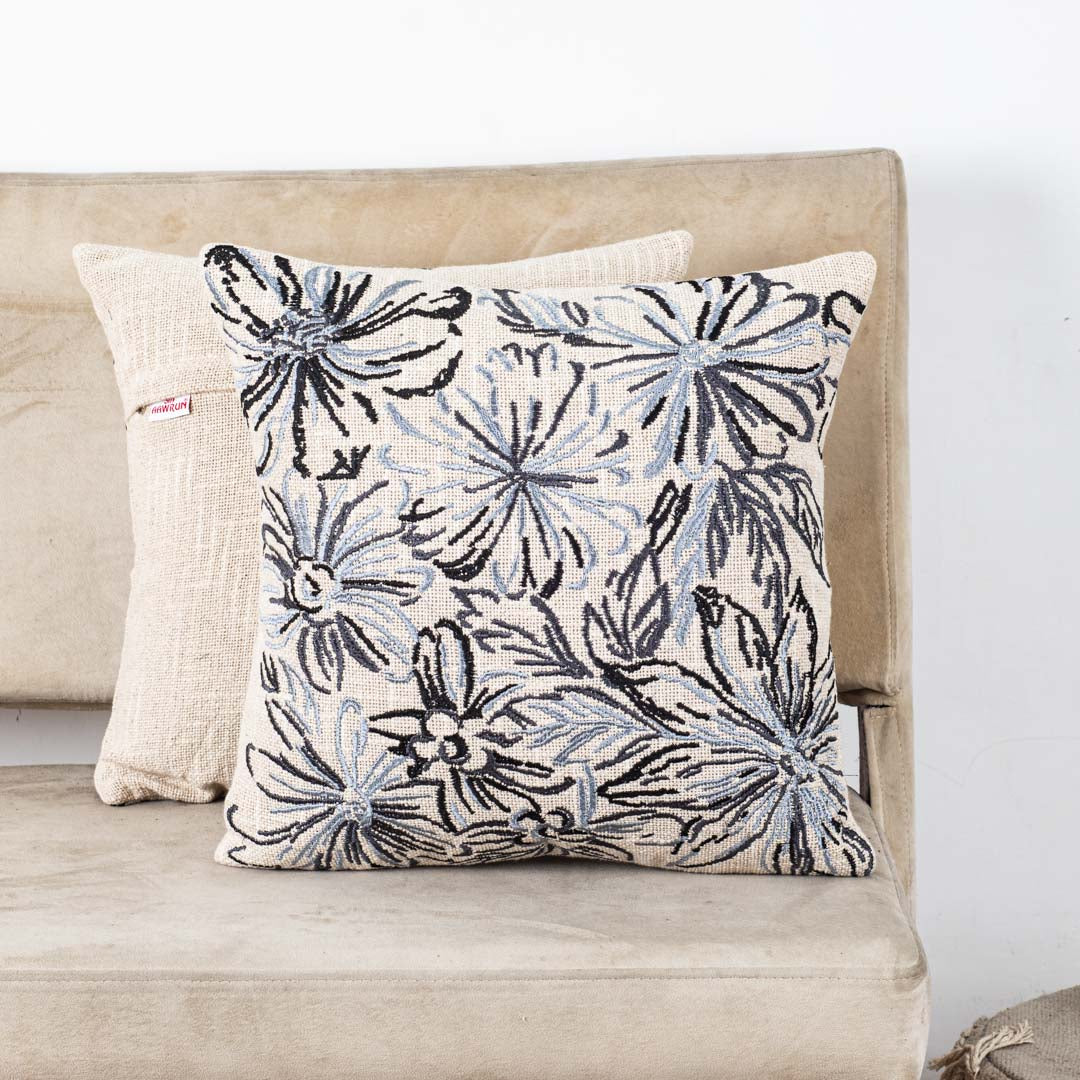 The Heritage Collection Floral Embroidered Slub Cotton Cushion Cover 16x16" - Grey Black
