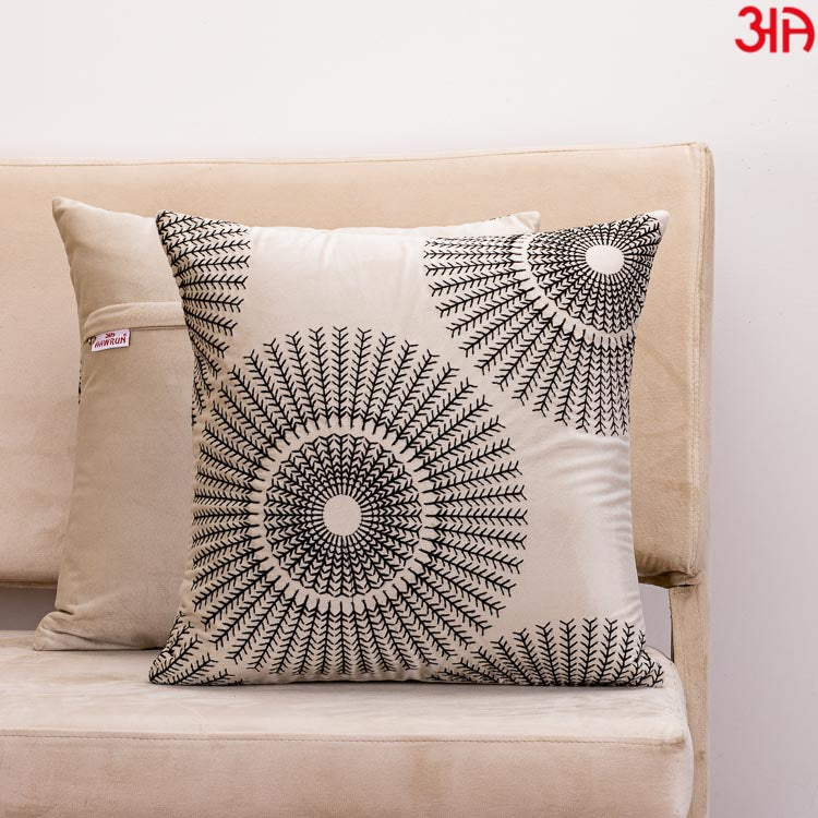 Decorative Printed Cushion Cover – 16 x 16 Inch-Beige &amp; Black Polyester Velvet Fabric
