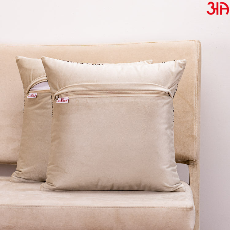 Decorative Printed Cushion Cover – 16 x 16 Inch-Beige &amp; Black Polyester Velvet Fabric