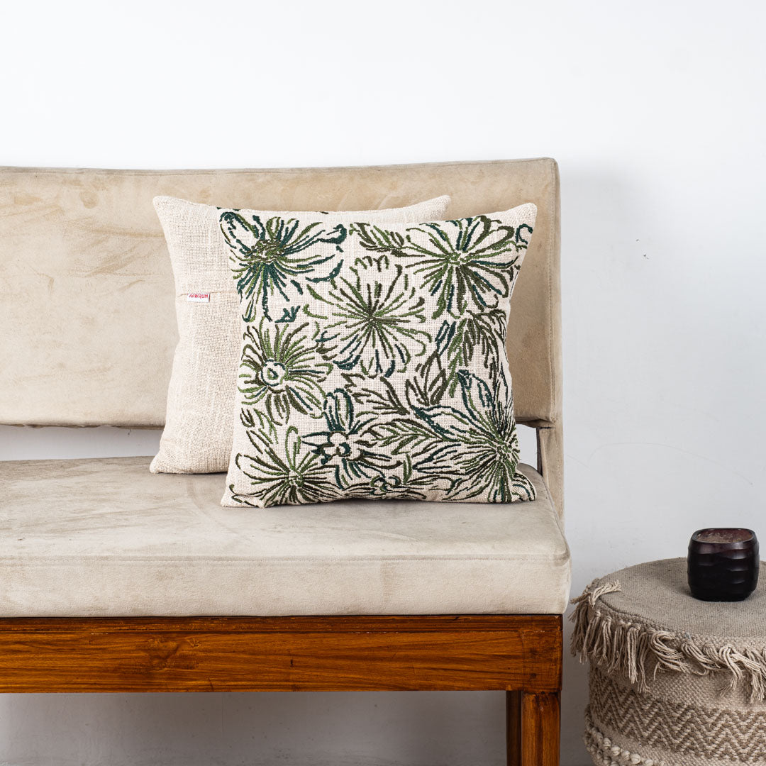 Floral Embroidered Slub Cotton Cushion Cover 16x16" - Light Dark Green