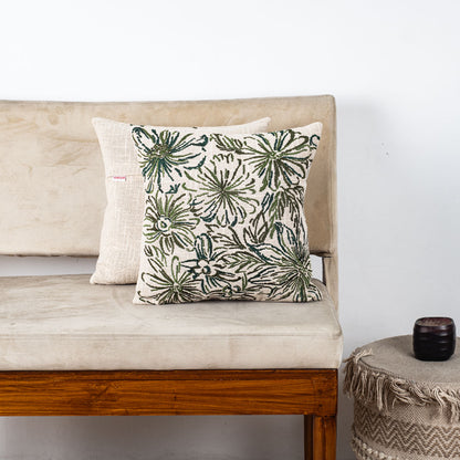 The Heritage Collection Floral Embroidered Slub Cotton Cushion Cover 16x16" - Light Dark Green