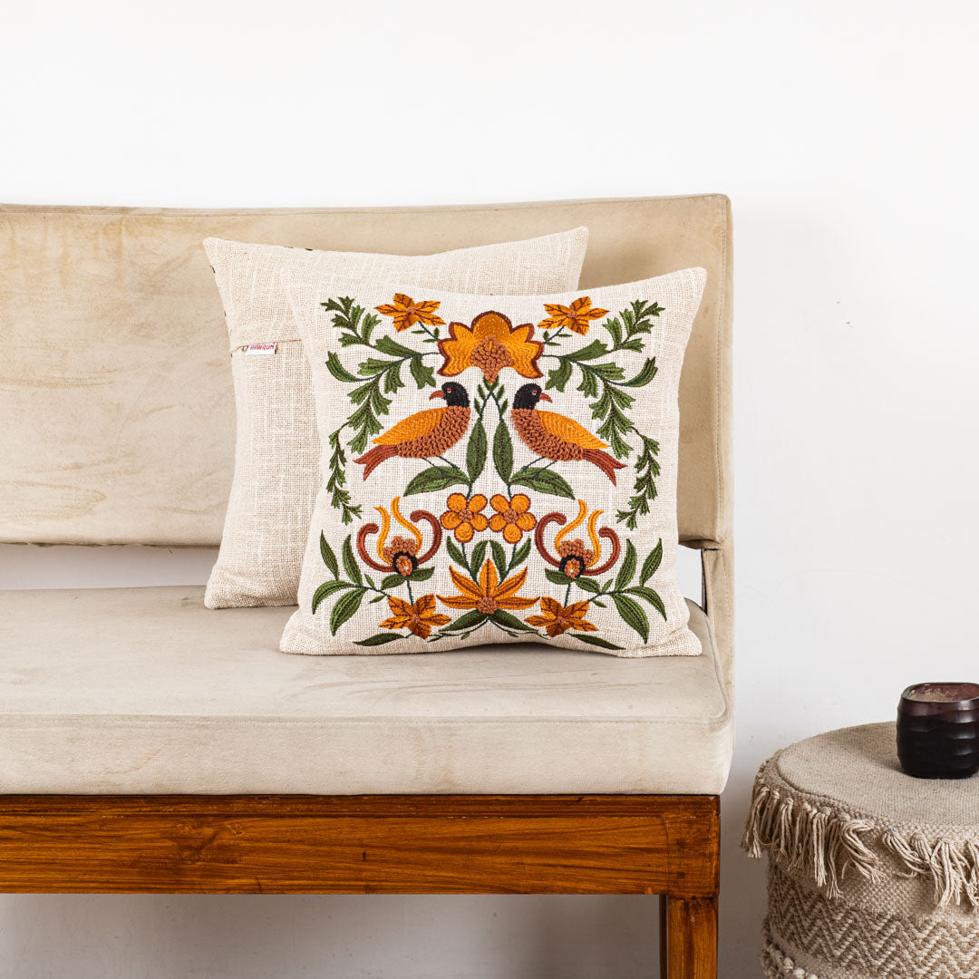 Floral Bird Embroidered Slub Cotton Cushion Cover 16x16" - Multi