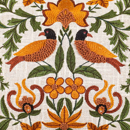 The Heritage Collection Floral Bird Embroidered Slub Cotton Cushion Cover 16x16" - Multi