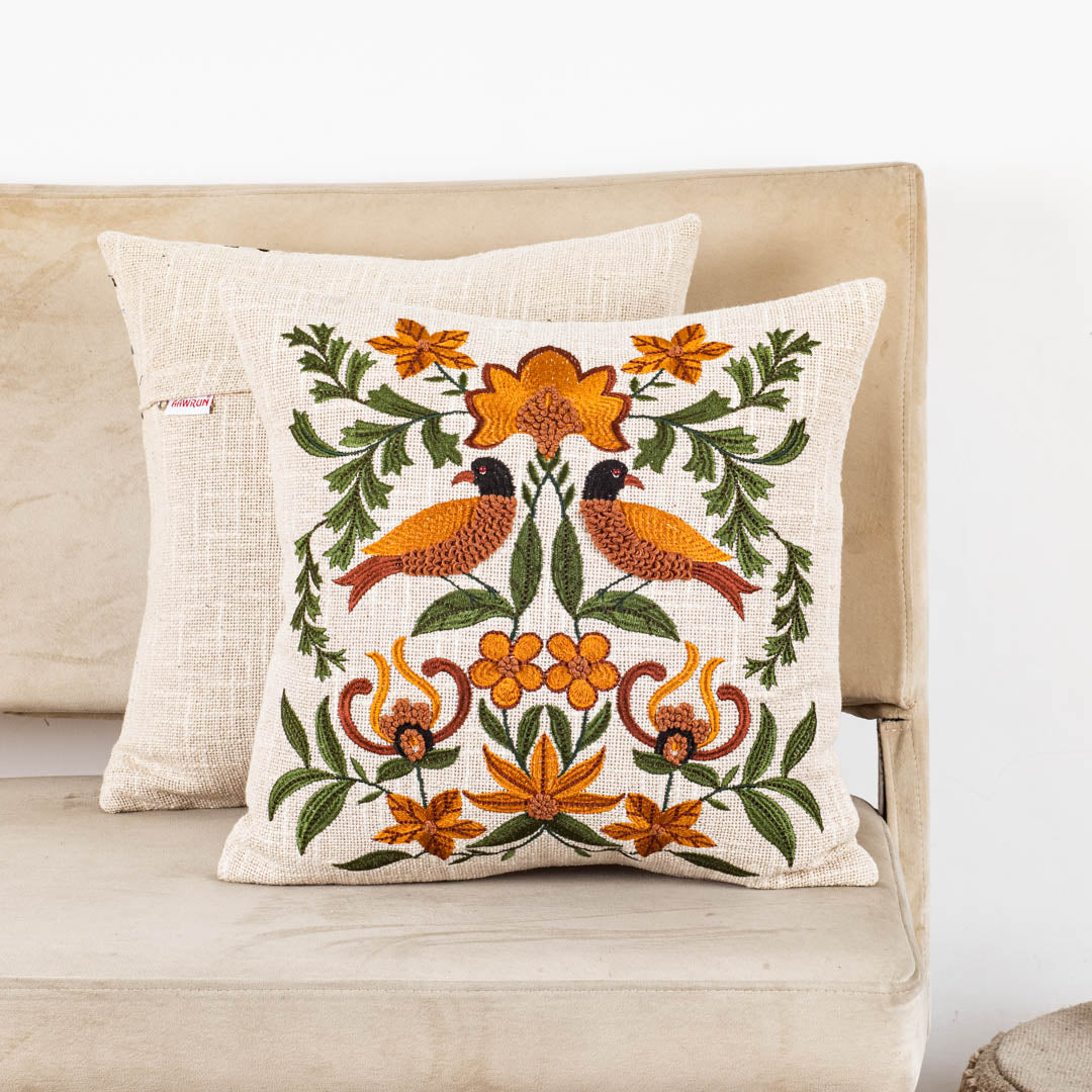 Floral Bird Embroidered Slub Cotton Cushion Cover 16x16" - Multi