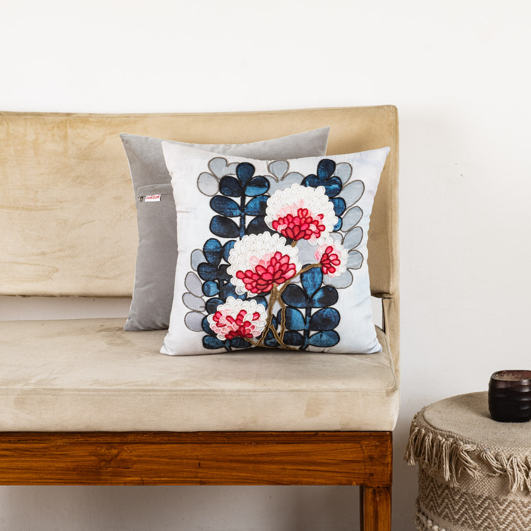 Floral Embroidered Velvet Cushion Cover 16x16" - Grey Blue
